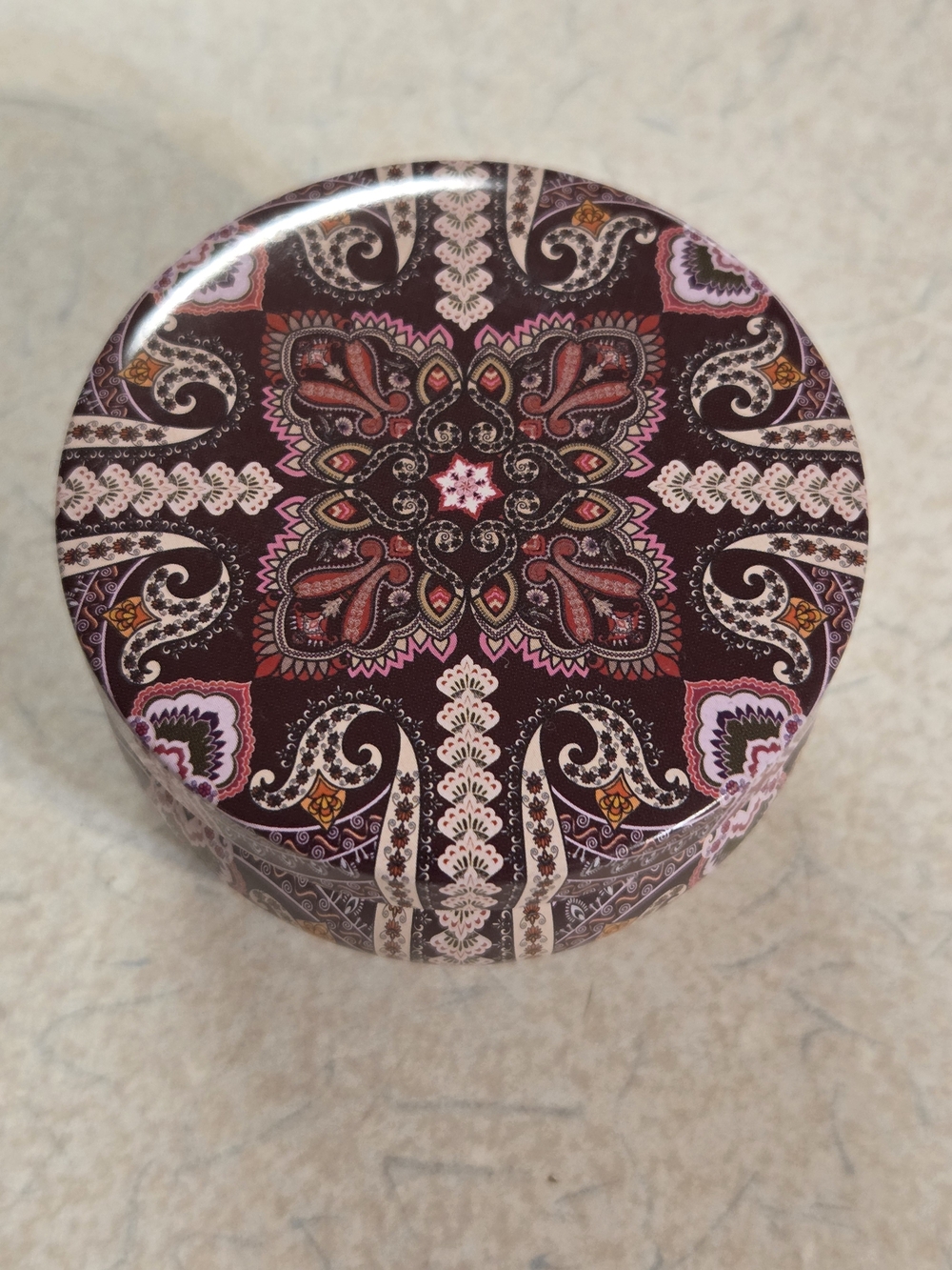 2.5 oz English Pear & Freesia 100% Soy Wax Candle in Deep Burgundy Paisley Tin